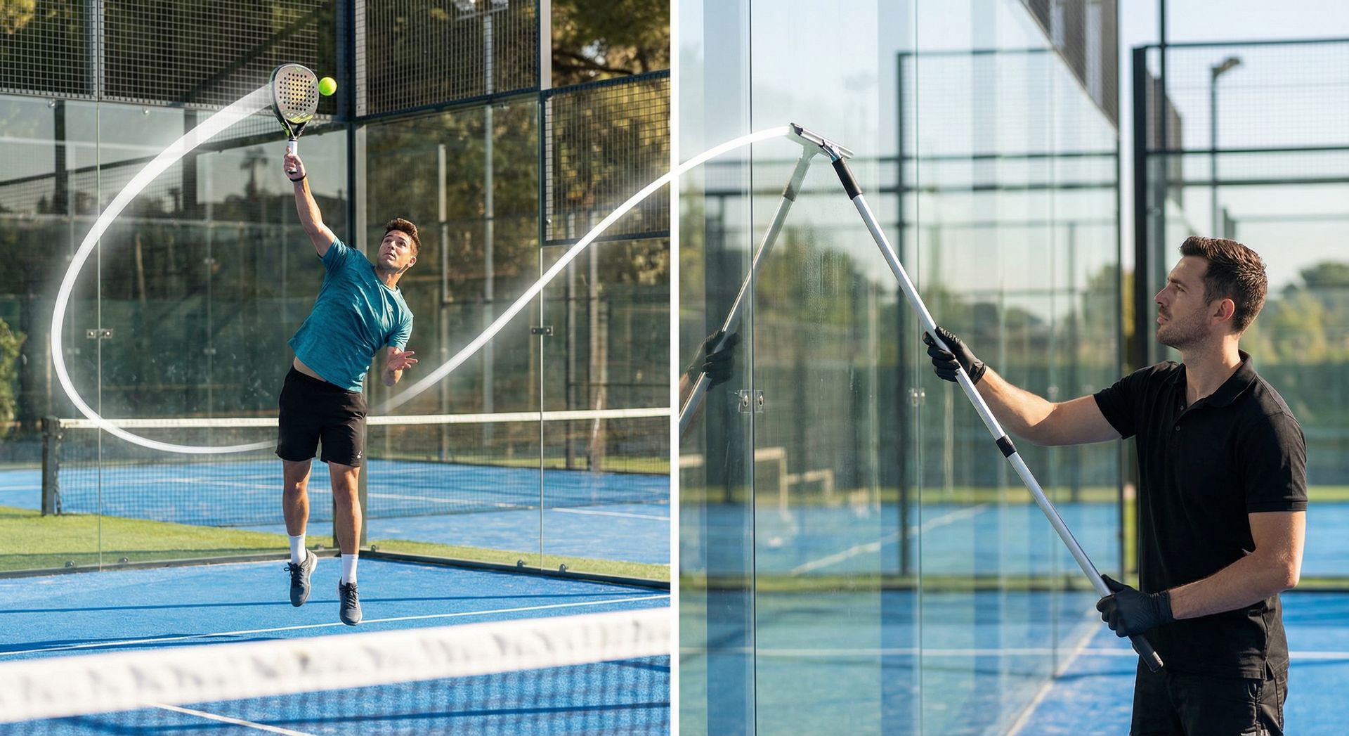 Joueur de padel en action et nettoyage professionnel des vitres par BJ Sports