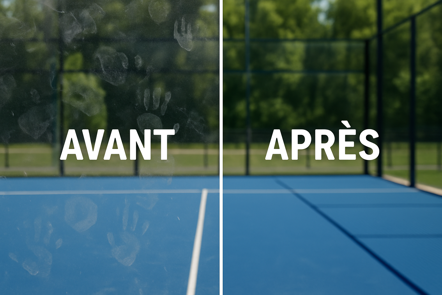 Avant et après nettoyage des vitres d'un terrain de padel